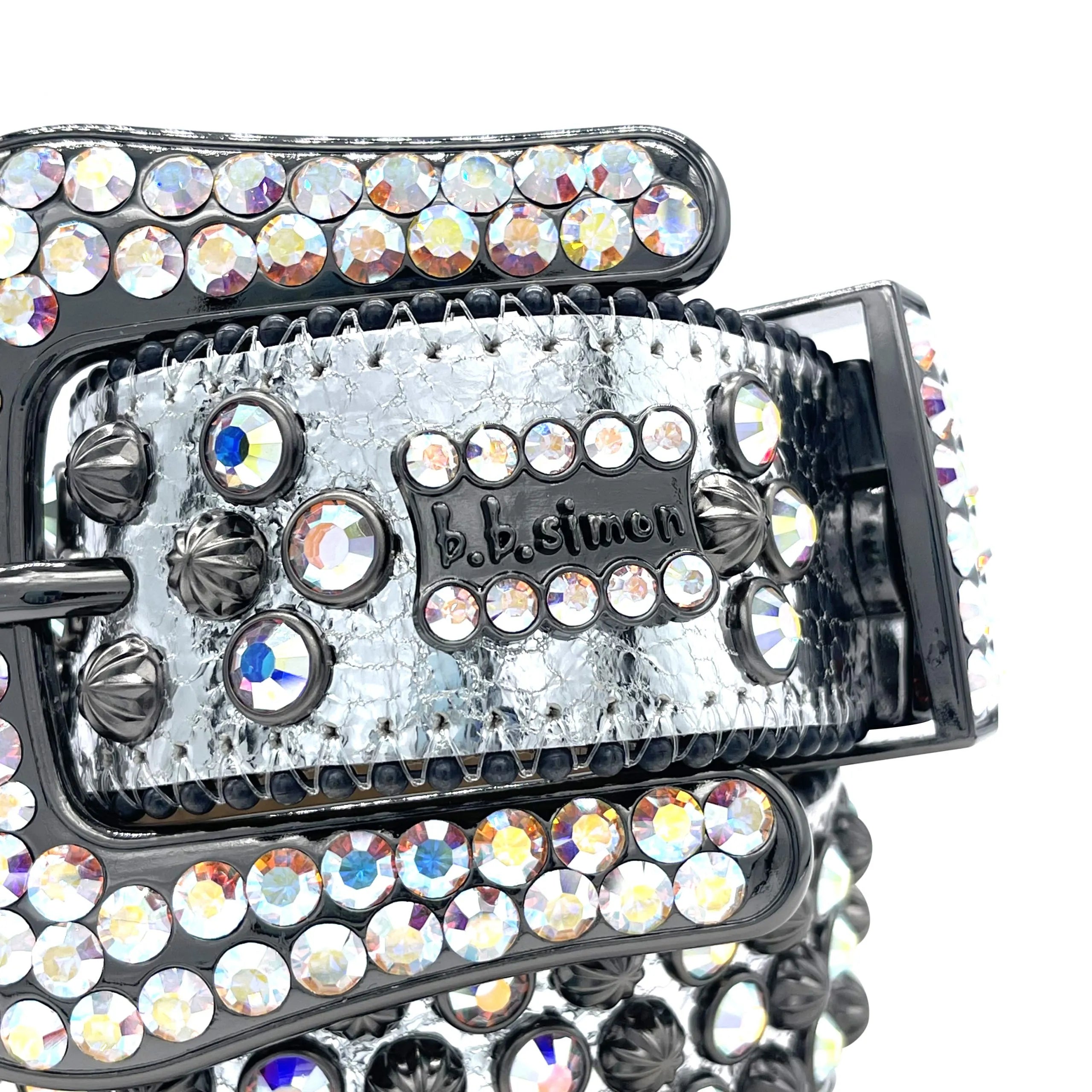 b.b. Simon Chrome Silver 3-Row Studded Crystal Belt - Dudes Boutique