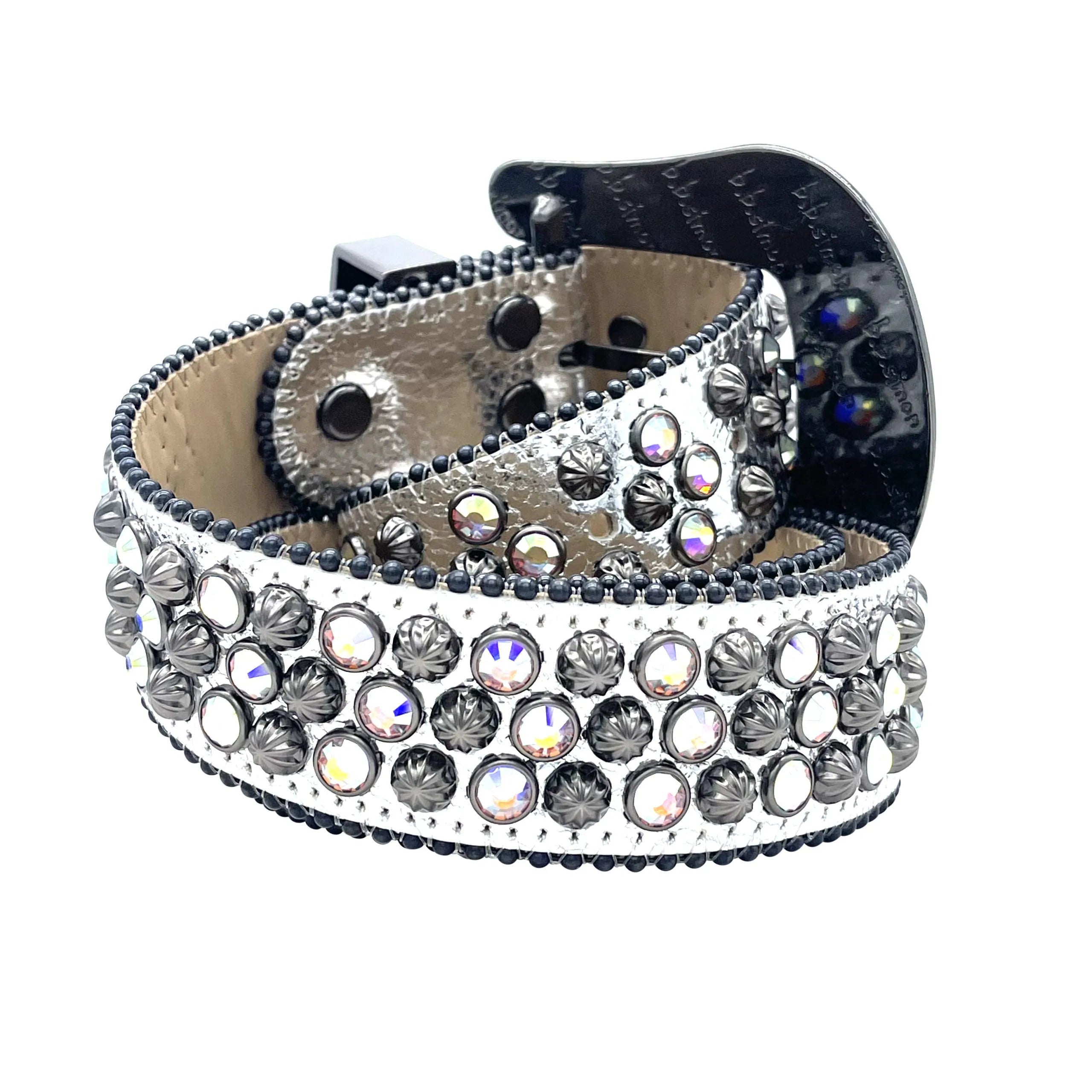 b.b. Simon Chrome Silver 3-Row Studded Crystal Belt - Dudes Boutique