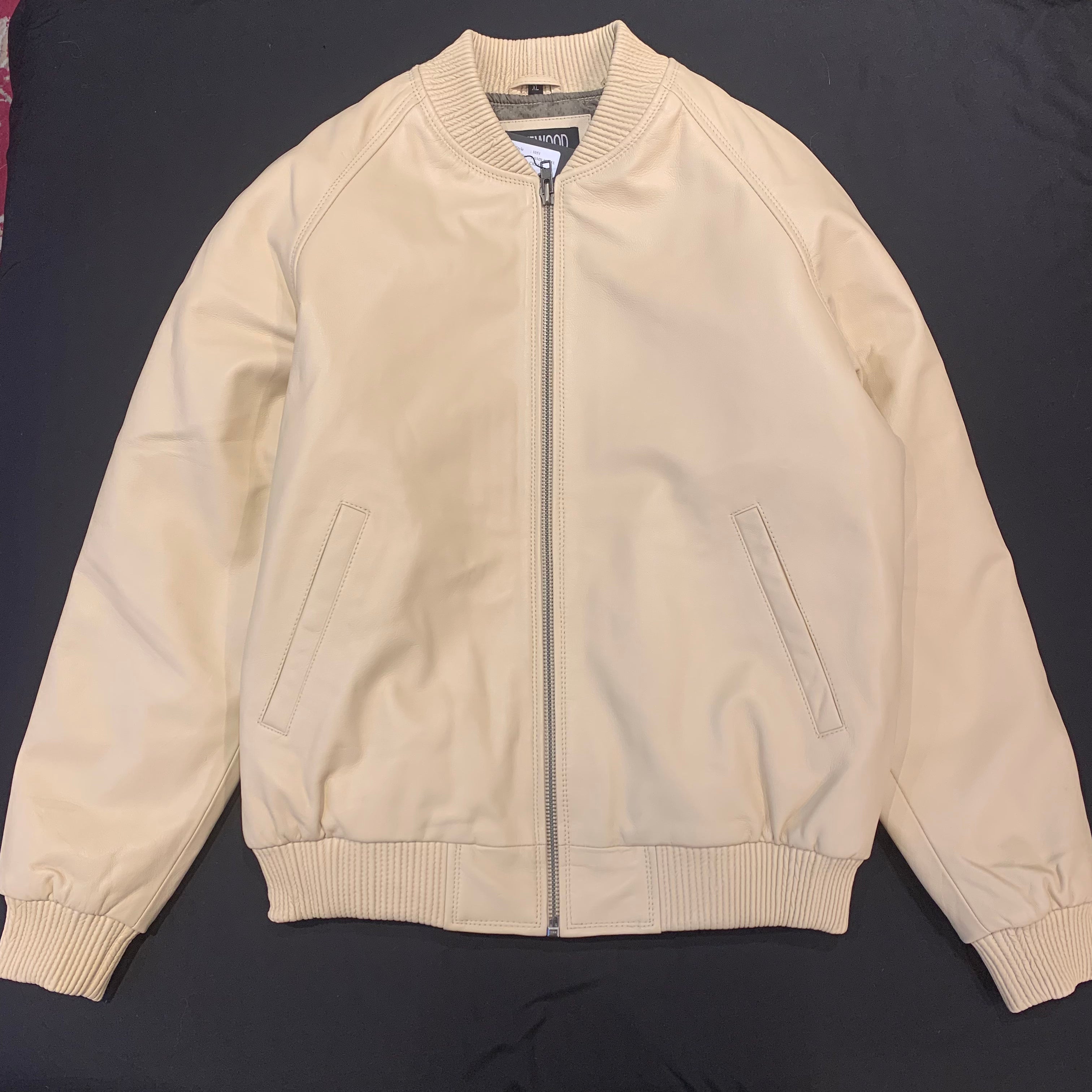 Kashani Tan Cream Lambskin Varsity Jacket - Dudes Boutique