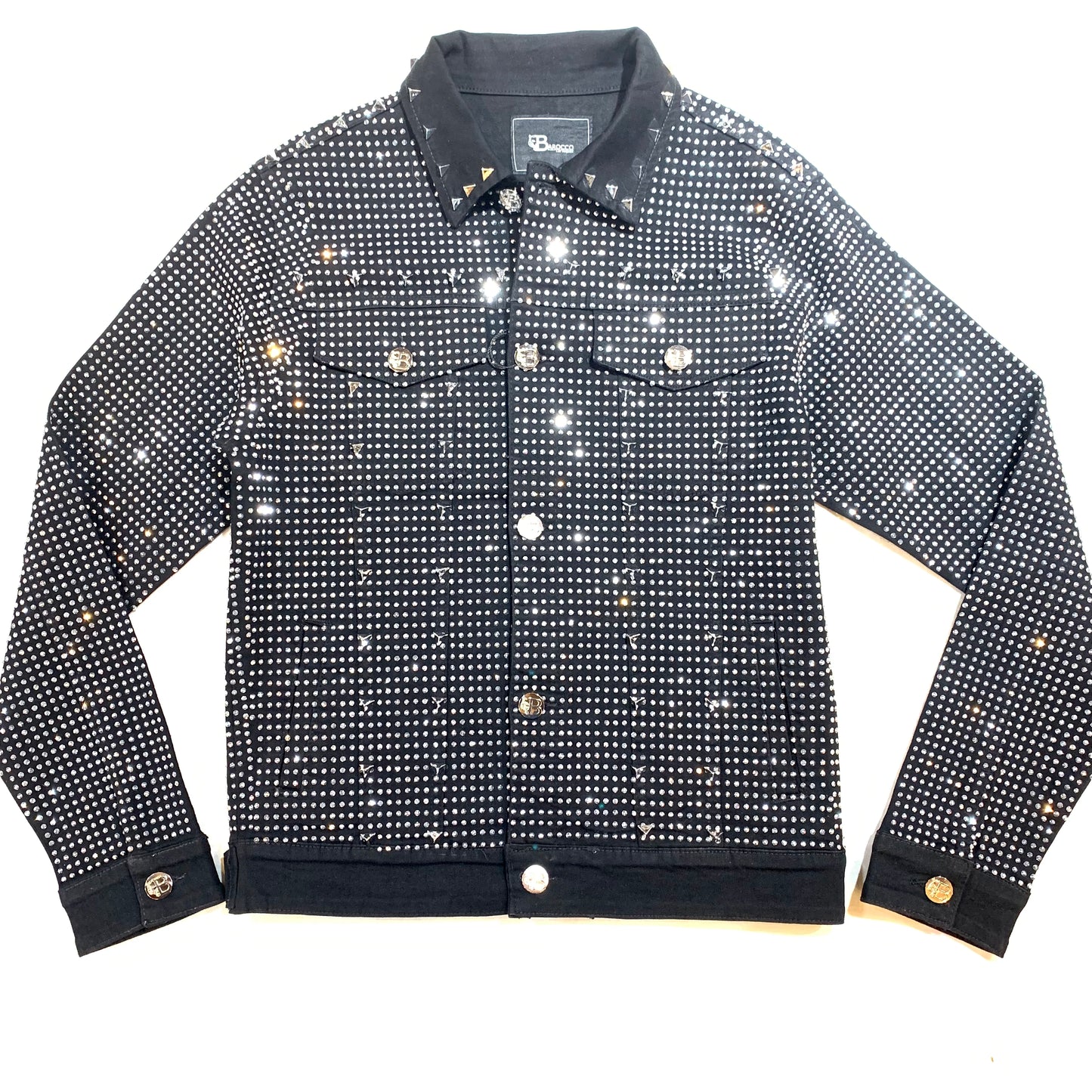 Barocco Black Fully Loaded White Crystal Spiked Jean Jacket - Dudes Boutique