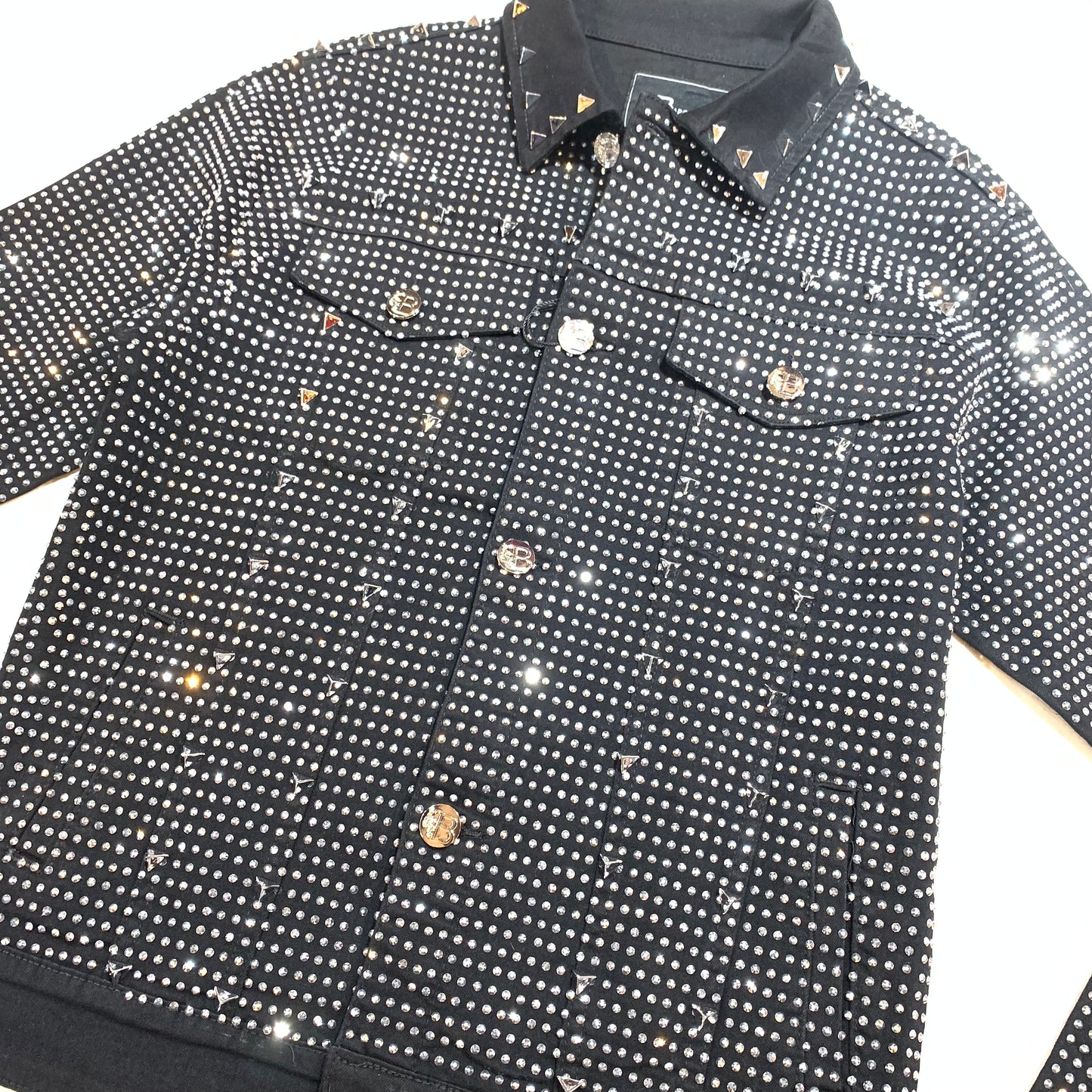 Barocco Black Fully Loaded White Crystal Spiked Jean Jacket - Dudes Boutique