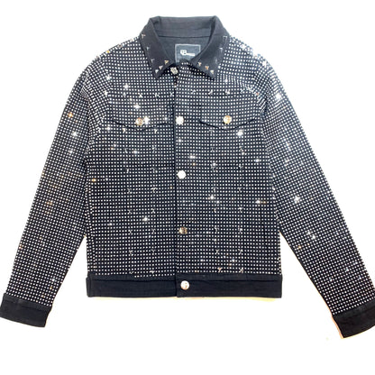 Barocco Black Fully Loaded White Crystal Spiked Jean Jacket - Dudes Boutique