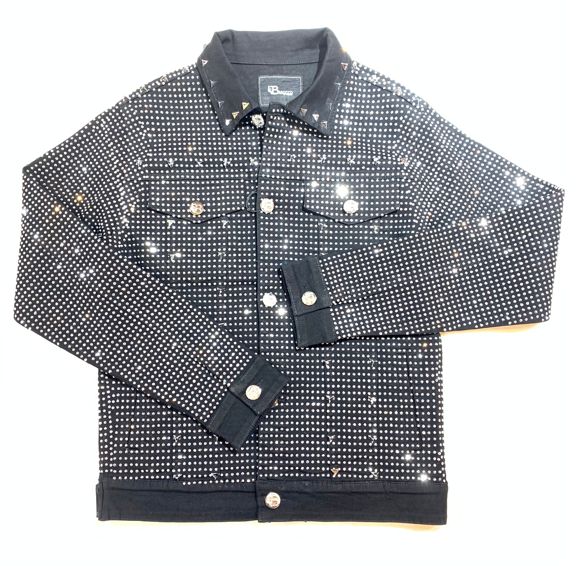 Barocco Black Fully Loaded White Crystal Spiked Jean Jacket - Dudes Boutique