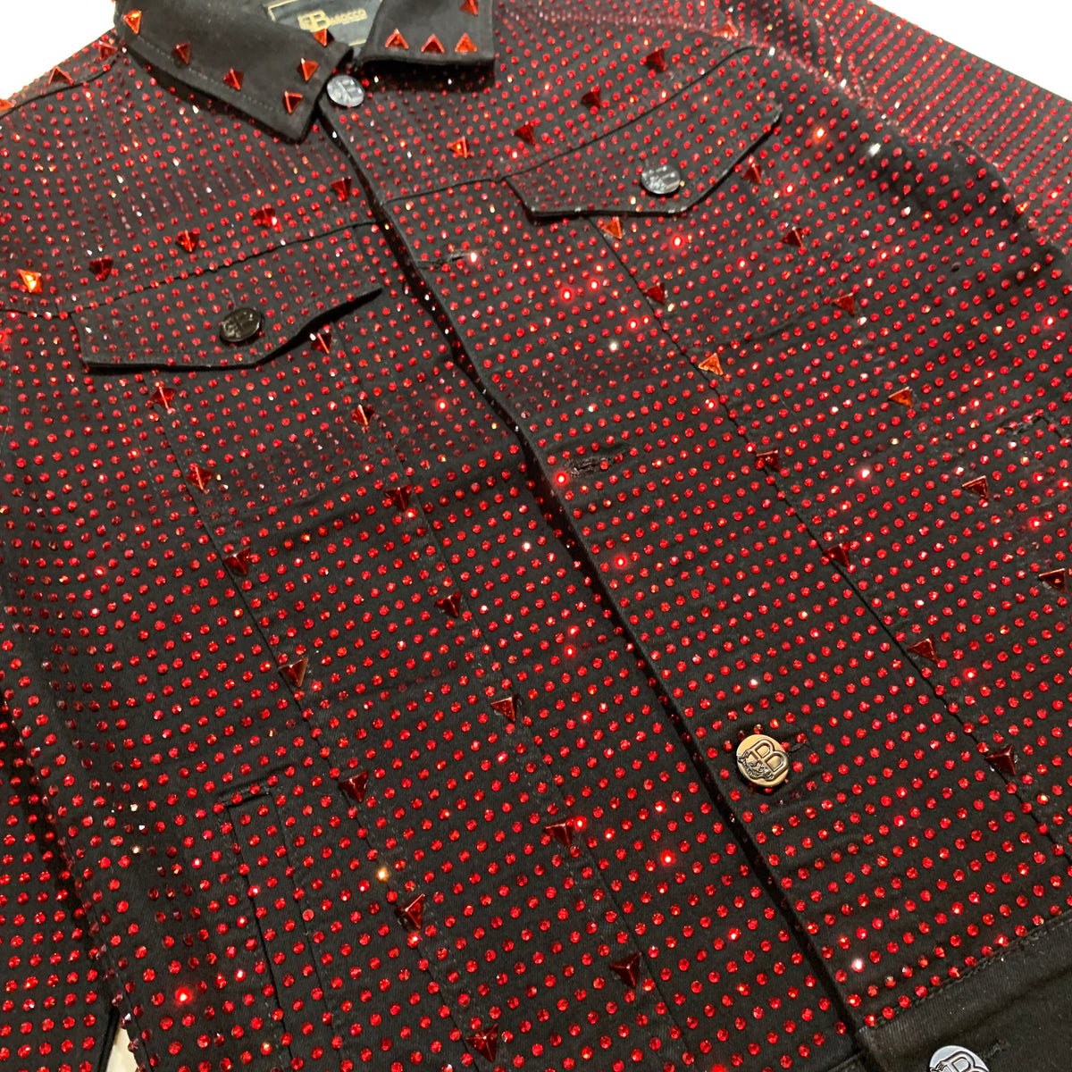 Barocco Black Fully Loaded Red Crystal Spiked Jean Jacket - Dudes Boutique