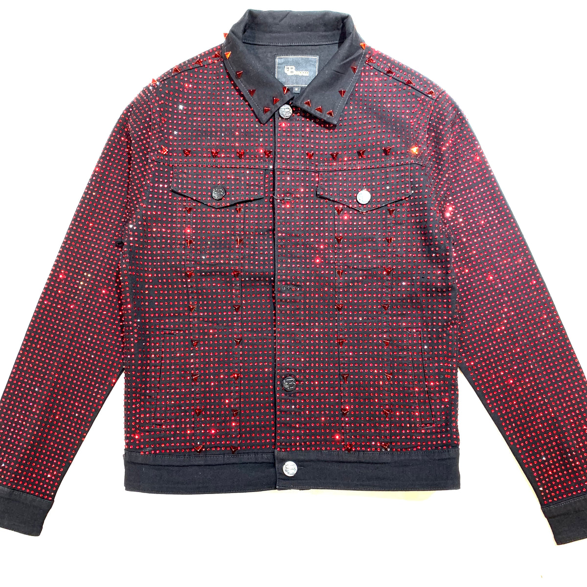 Barocco Black Fully Loaded Red Crystal Spiked Jean Jacket - Dudes Boutique