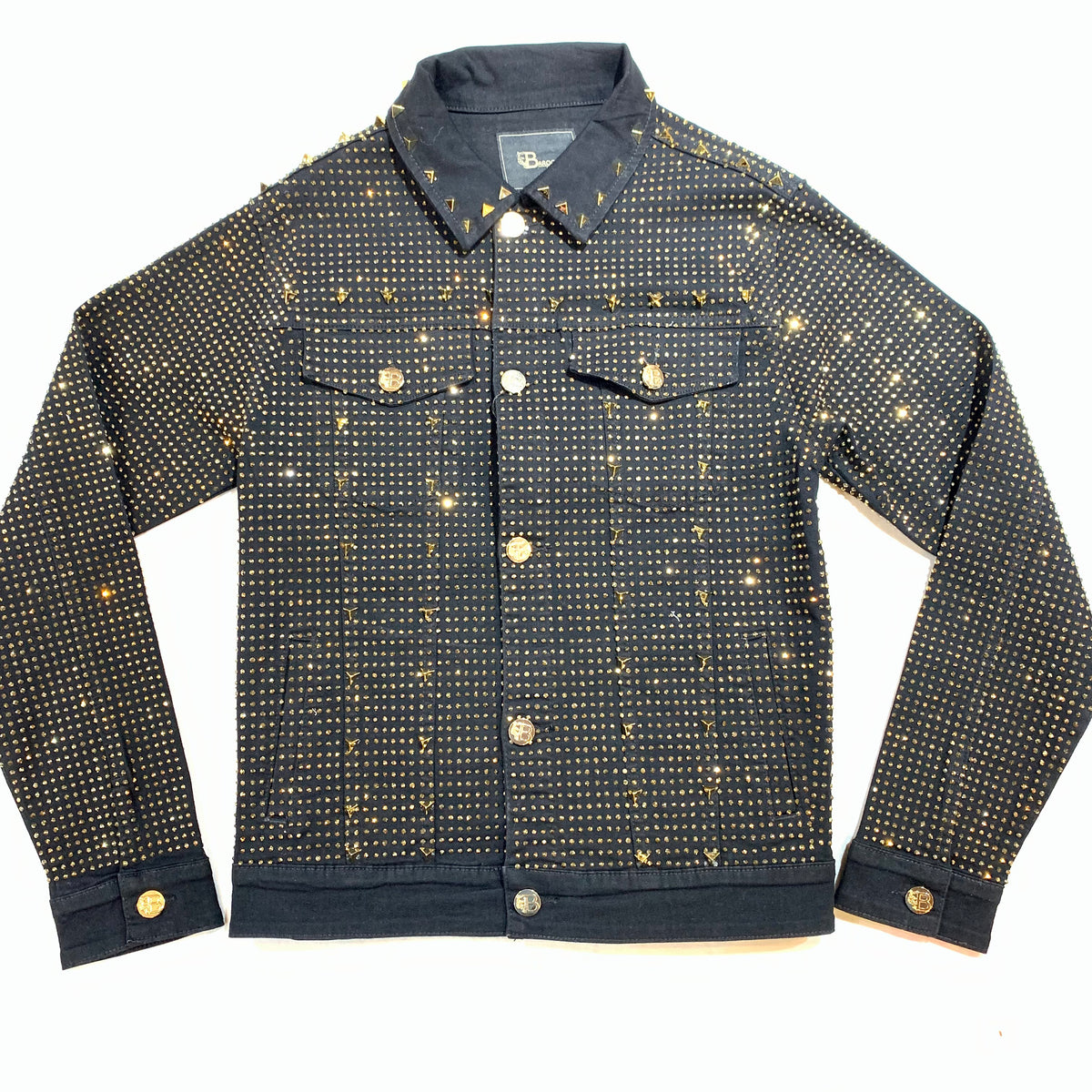 Barocco Black Fully Loaded Gold Crystal Spiked Jean Jacket - Dudes Boutique