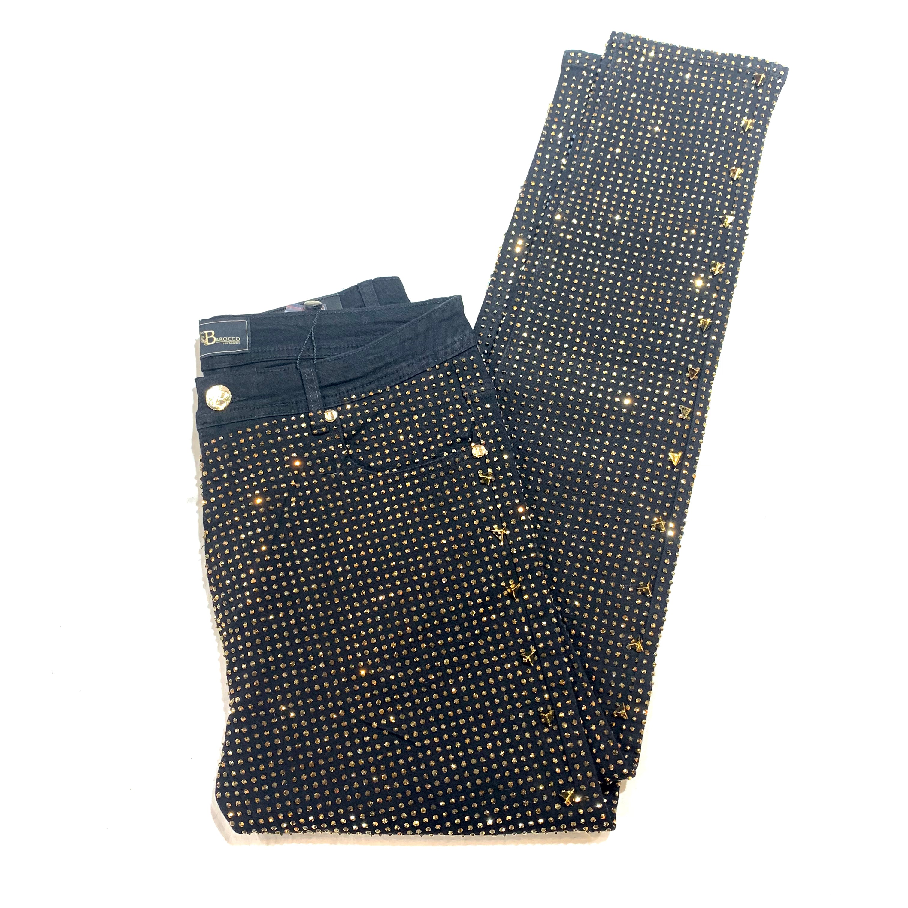 Barocco Black Fully Loaded Gold Crystal Spiked Jeans - Dudes Boutique