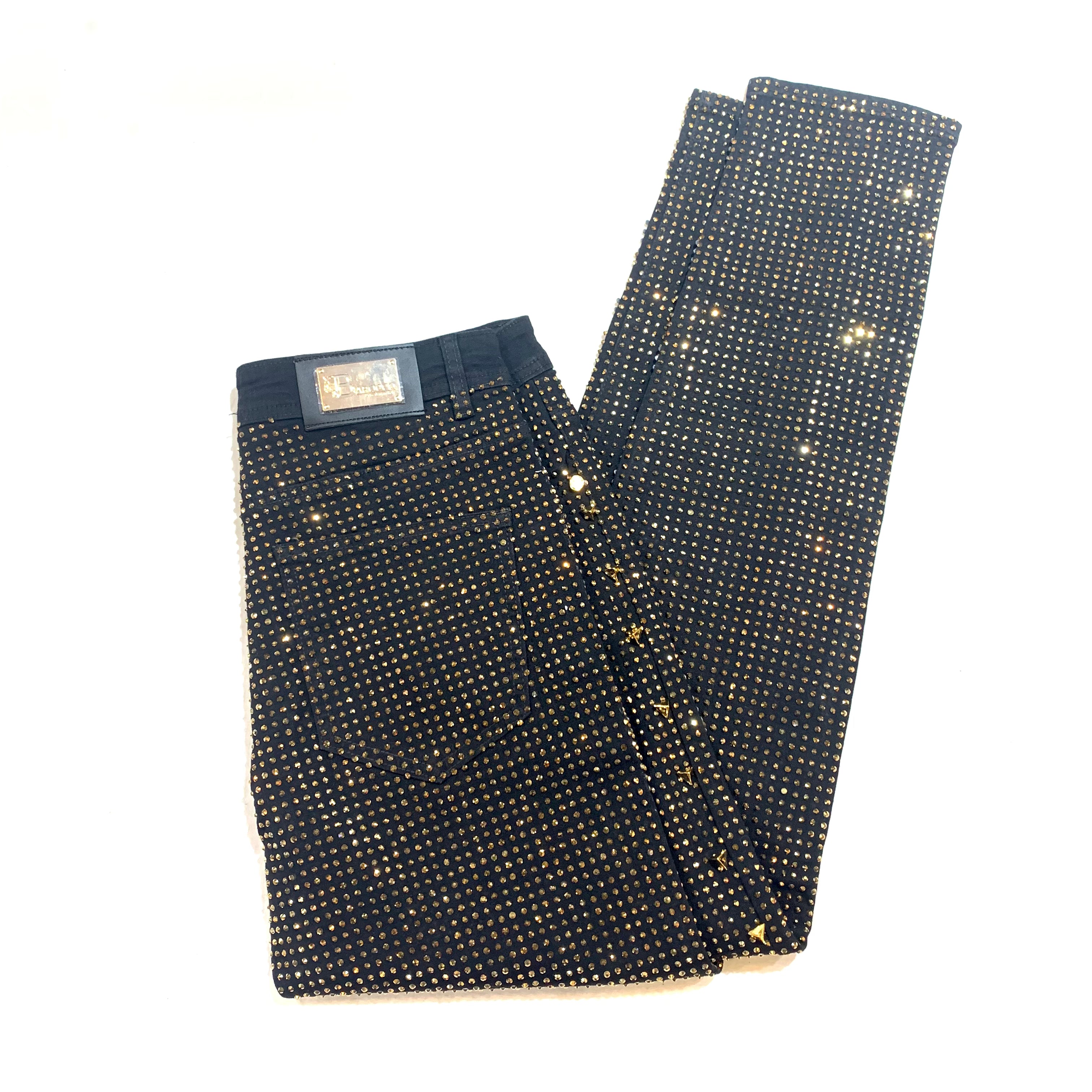 Barocco Black Fully Loaded Gold Crystal Spiked Jeans - Dudes Boutique