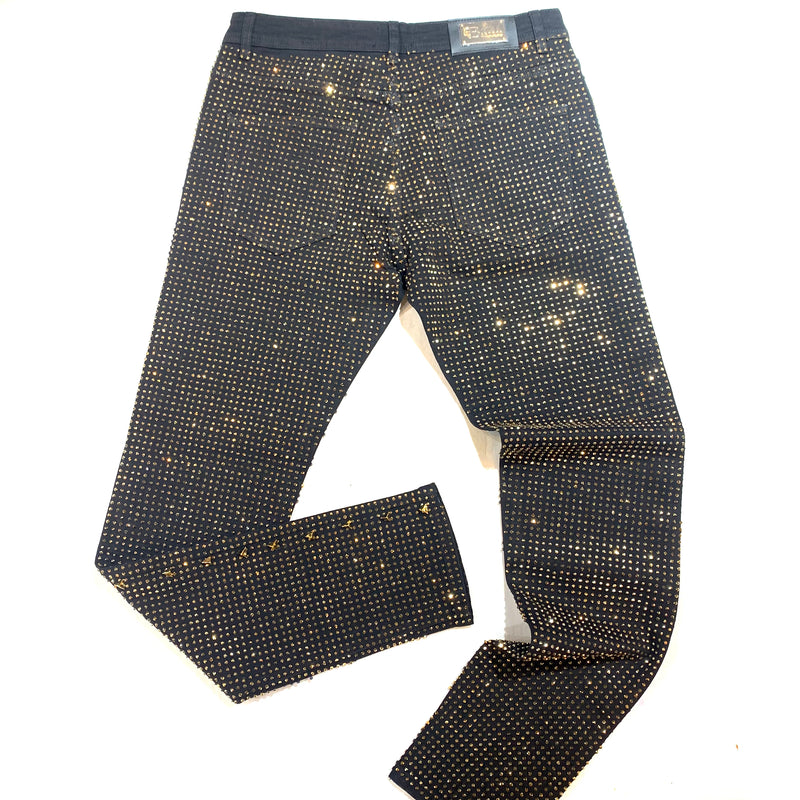Barocco Black Fully Loaded Gold Crystal Spiked Jeans - Dudes Boutique