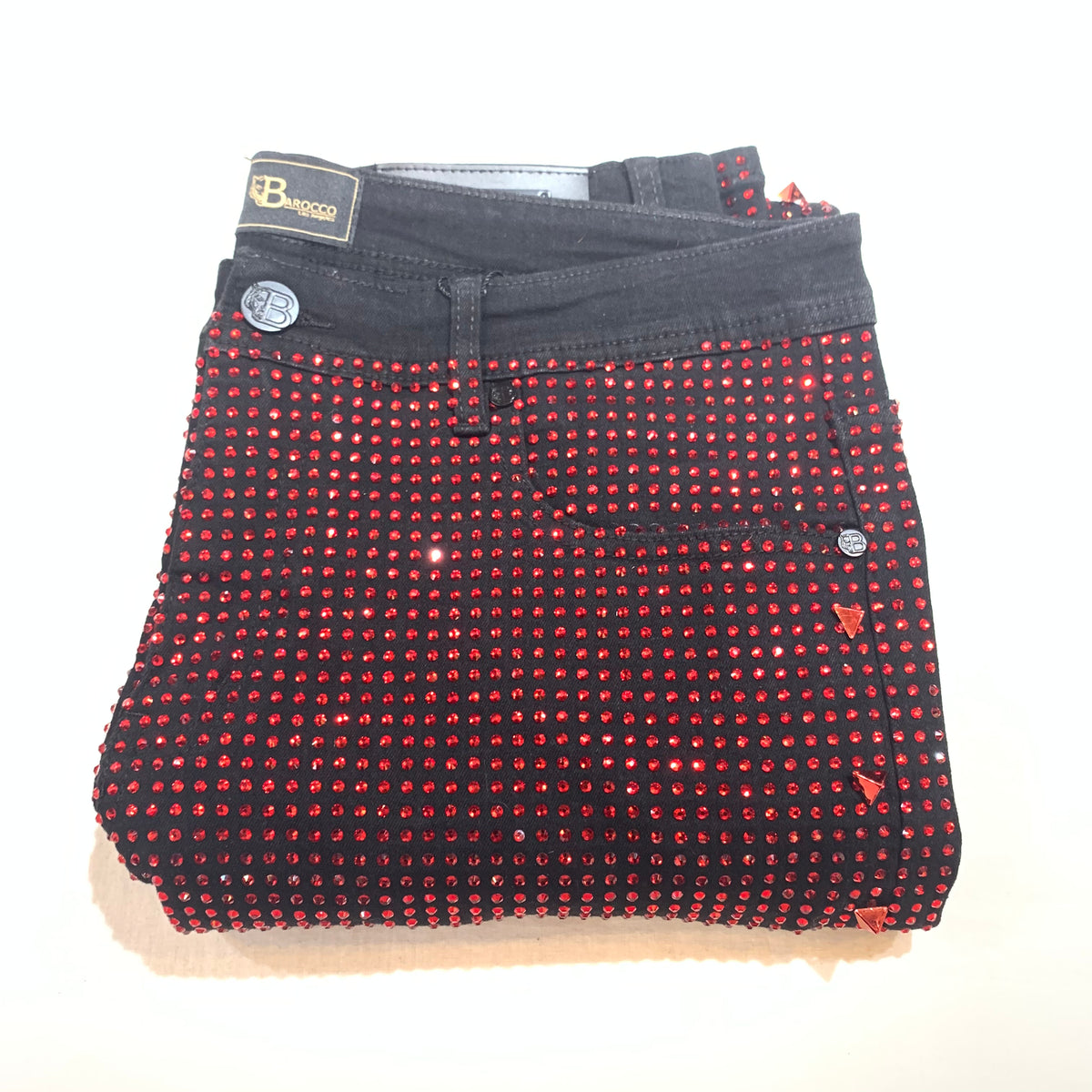 Barocco Black Fully Loaded Red Crystal Spiked Jeans - Dudes Boutique