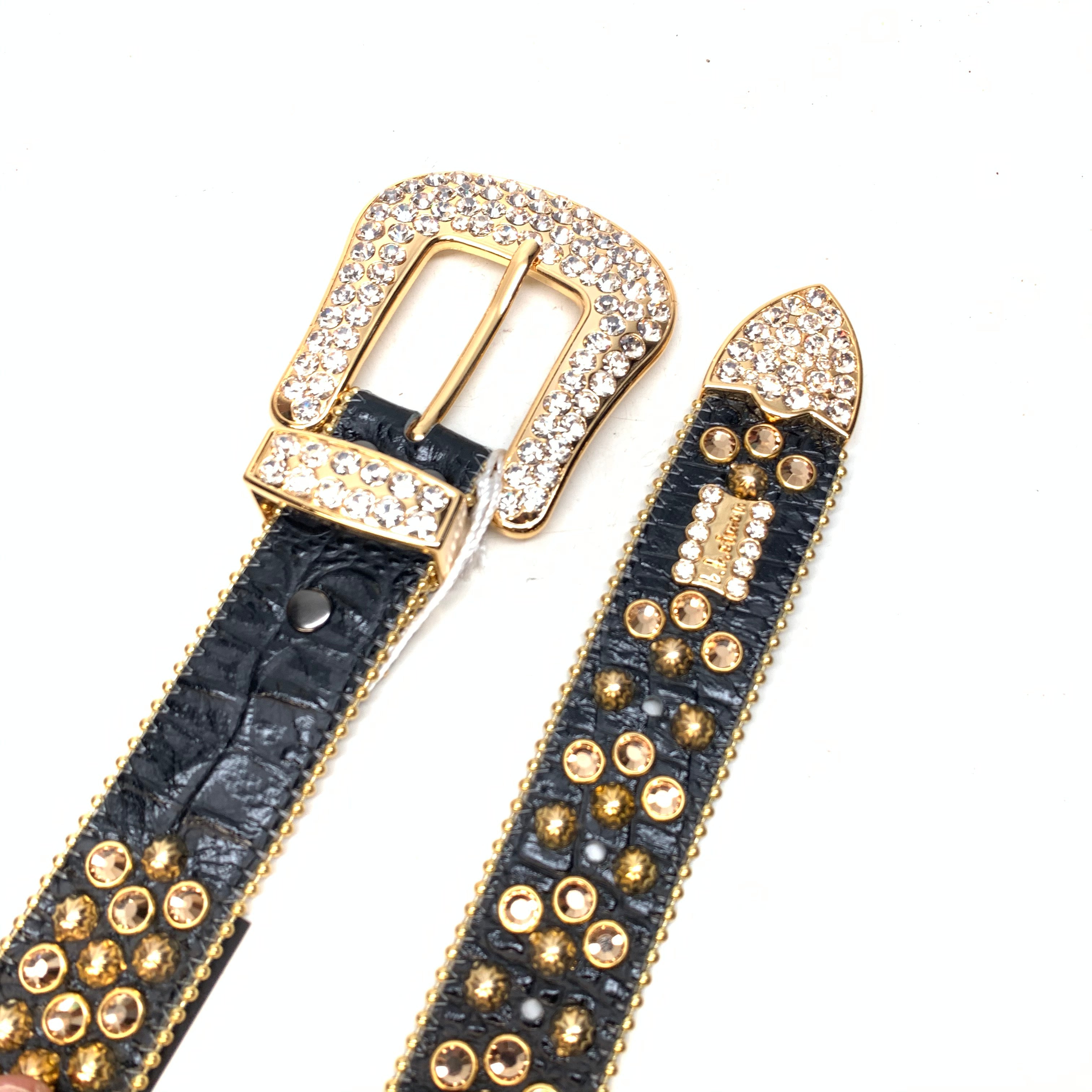 b.b. Simon Black & Gold 3-Row Studded Crystal Belt – Dudes Boutique