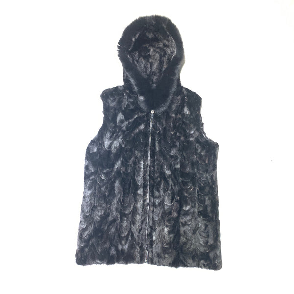 Kashani Men's Black Diamond Cut Mink Fur Fox Hooded Vest - Dudes Boutique
