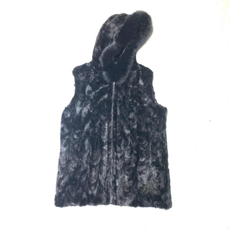 Kashani Men's Black Diamond Cut Mink Fur Fox Hooded Vest - Dudes Boutique