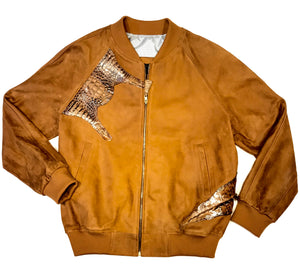 Kashani Chocolate Suede Alligator Body Wrap Bomber Jacket - Dudes Boutique