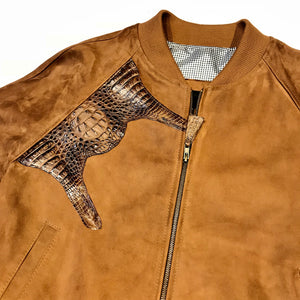 Kashani Chocolate Suede Alligator Body Wrap Bomber Jacket - Dudes Boutique