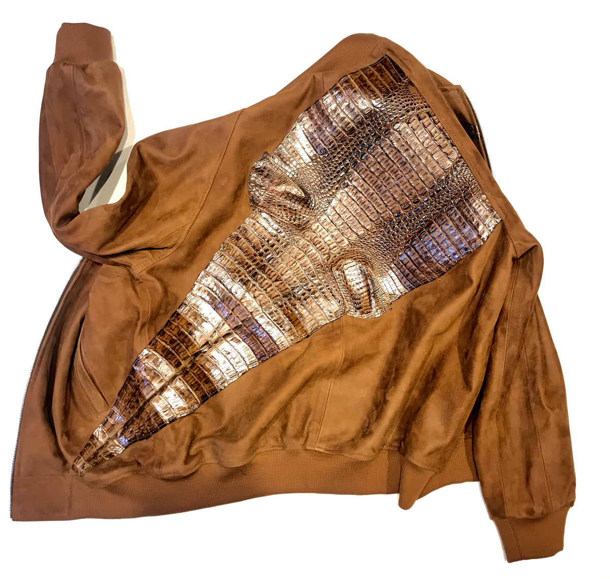 Kashani Chocolate Suede Alligator Body Wrap Bomber Jacket - Dudes Boutique