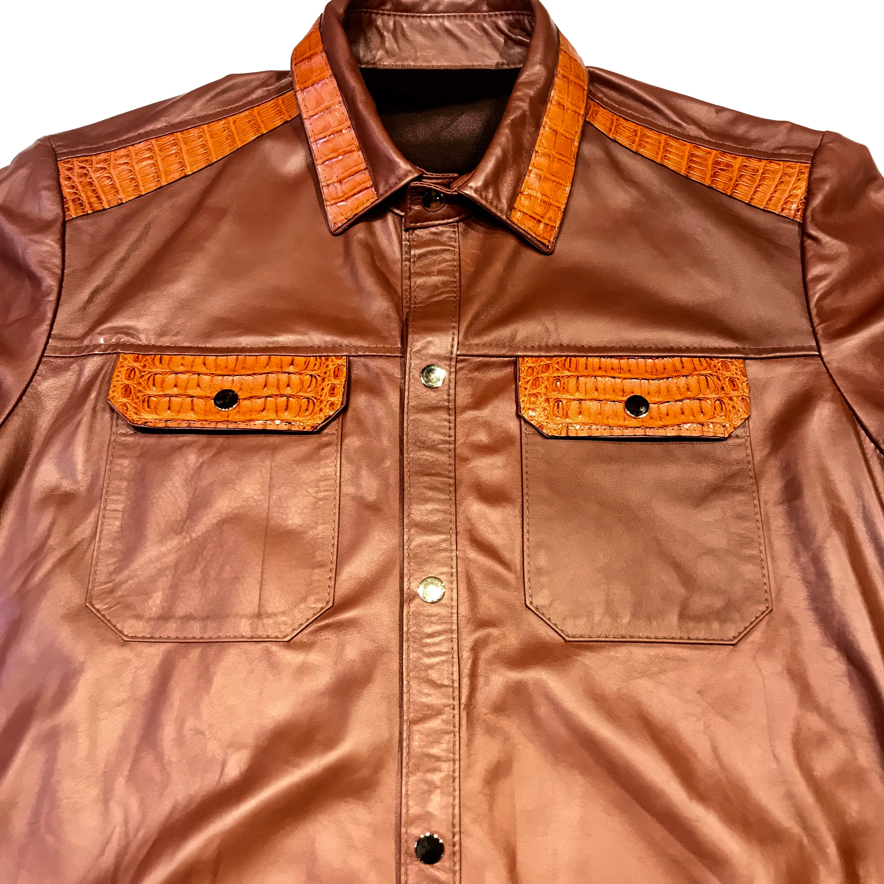 Kashani Cognac Alligator Leather Shirt - Dudes Boutique