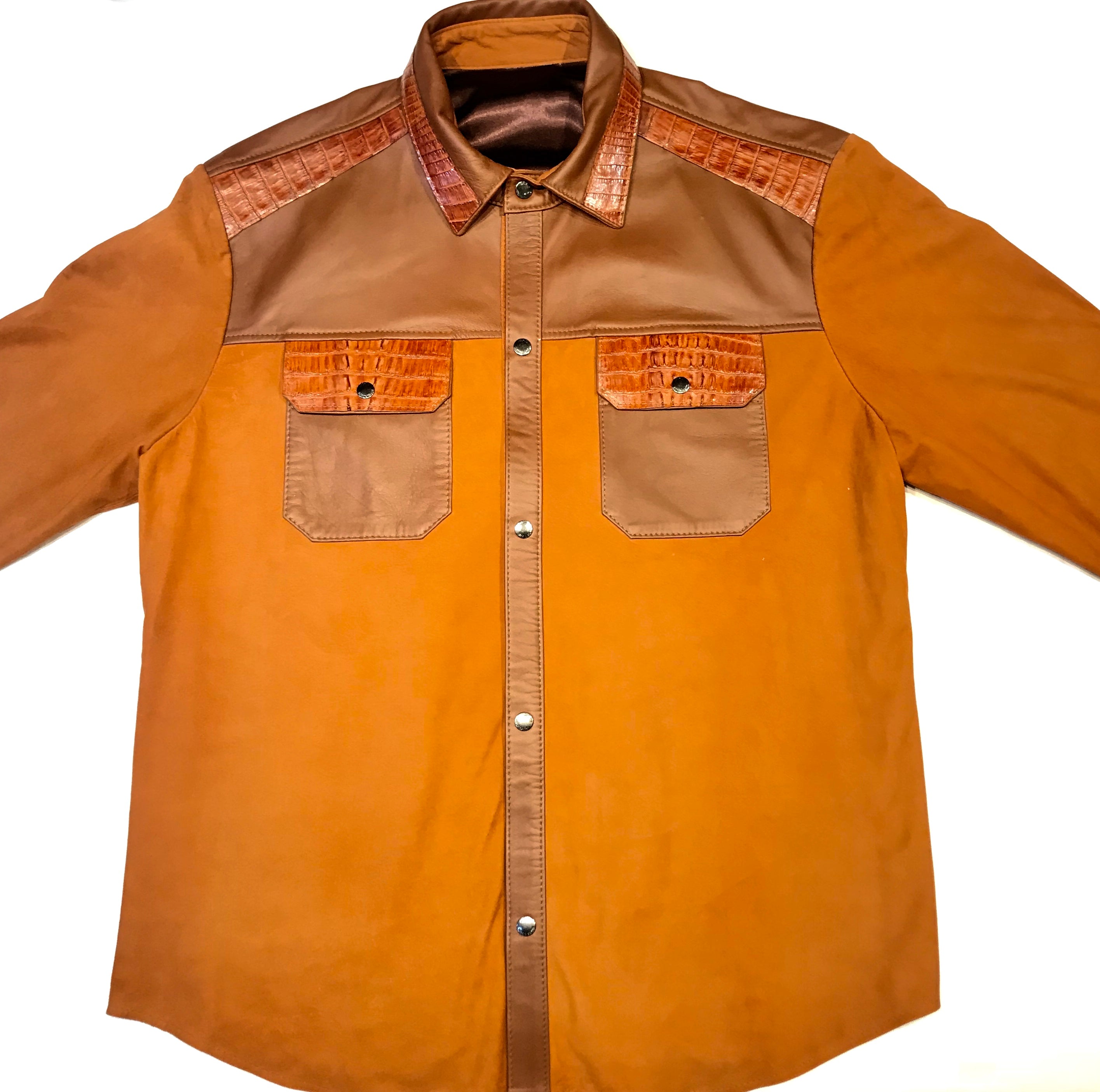 Kashani Cognac Alligator Leather Suede Shirt - Dudes Boutique