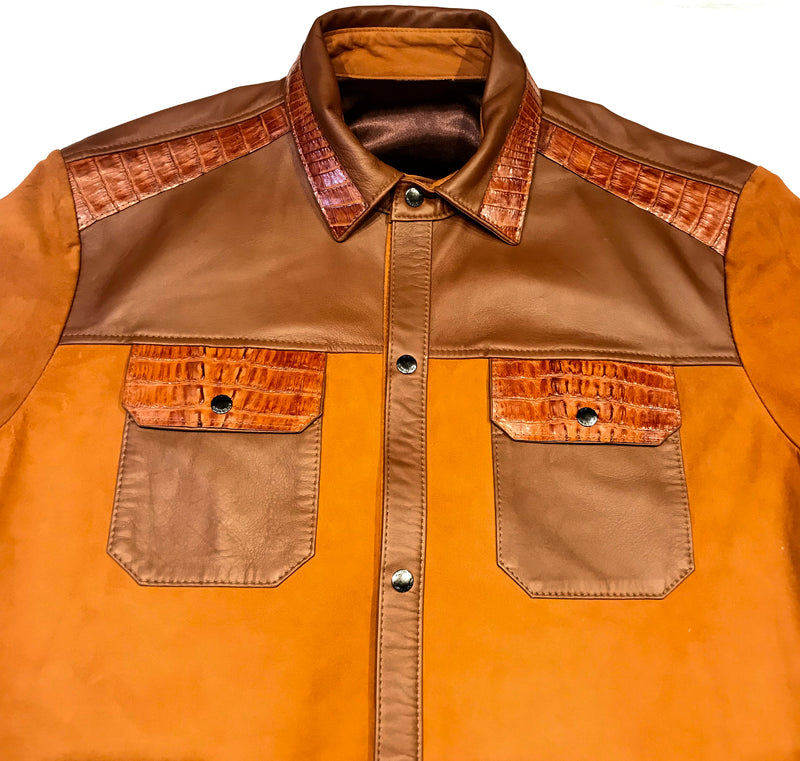 Kashani Cognac Alligator Leather Suede Shirt - Dudes Boutique