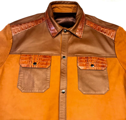 Kashani Cognac Alligator Leather Suede Shirt - Dudes Boutique