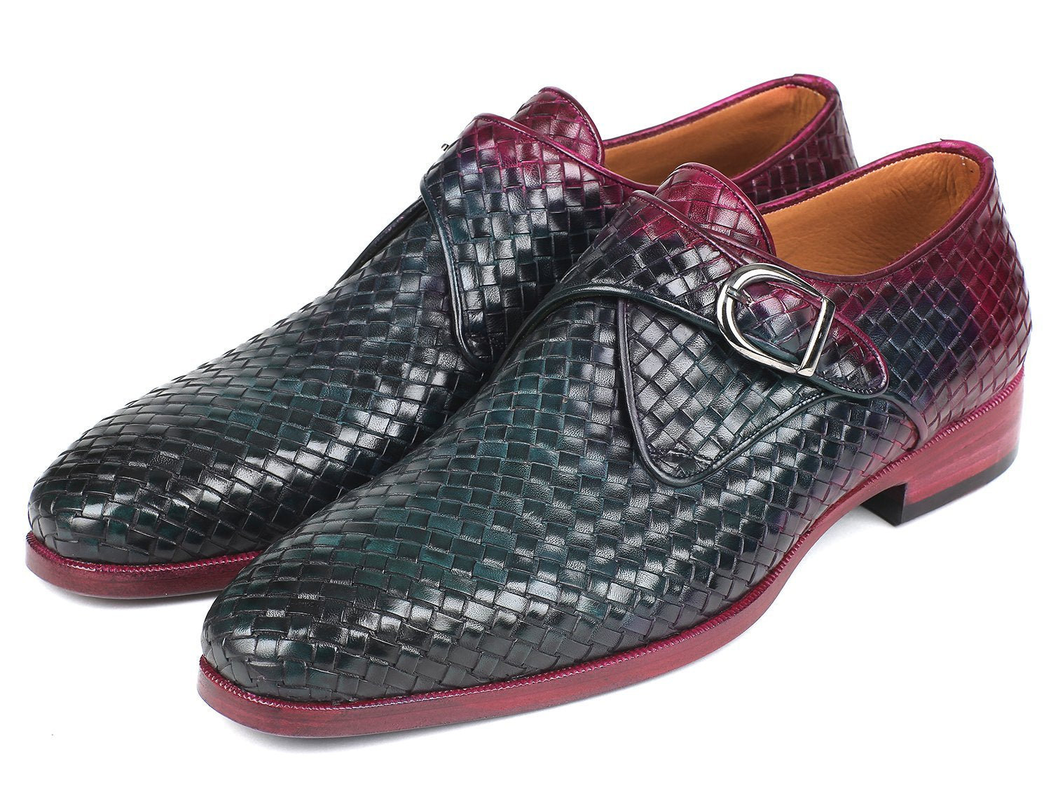 Paul Parkman Purple & Green Woven Leather Single Monkstraps - Dudes Boutique