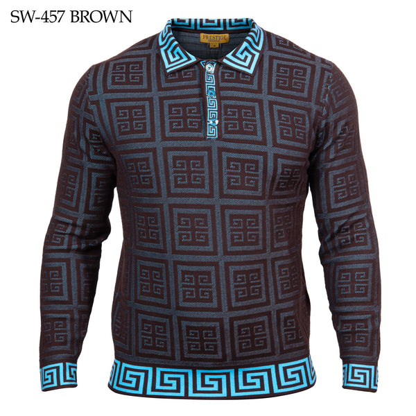 Prestige Brown Blue Greek Key Henley L/S Shirt - Dudes Boutique