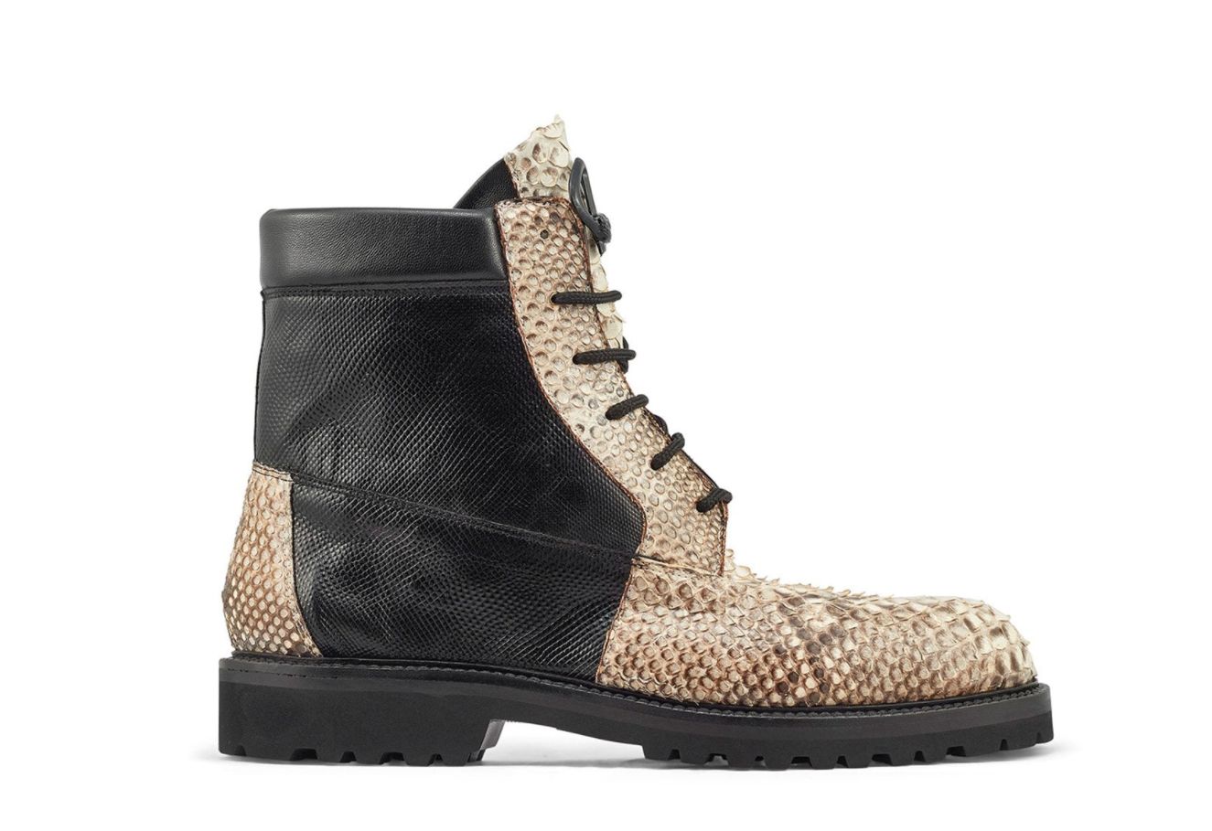 Mauri- "4949/1" Black/Natural Python Combat Boots - Dudes Boutique