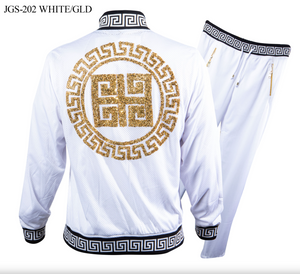 Prestige White Gold Studded Crystal Greek Key Perforated Jogger Set - Dudes Boutique