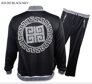 Prestige Black Silver Studded Crystal Greek Key Perforated Jogger Set - Dudes Boutique