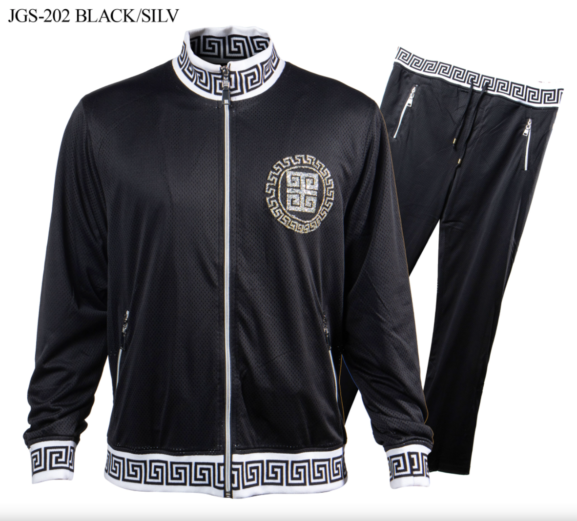 Prestige Black Silver Studded Crystal Greek Key Perforated Jogger Set - Dudes Boutique