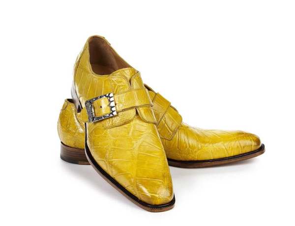Mauri 4853 "Steam Boat" Yellow Burnished  Alligator Body Monk Strap Dress Shoes - Dudes Boutique