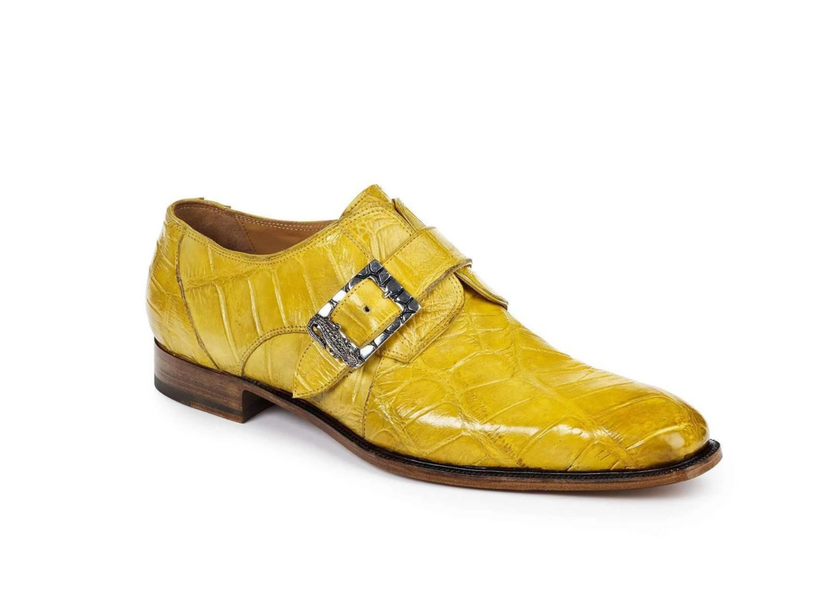 Mauri 4853 "Steam Boat" Yellow Burnished  Alligator Body Monk Strap Dress Shoes - Dudes Boutique