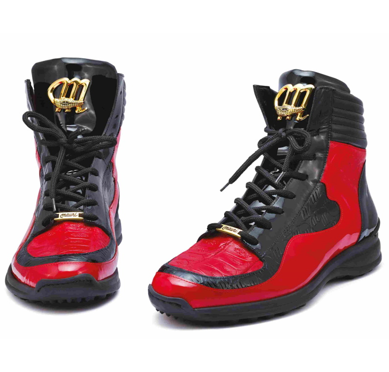 Mauri "8401" Red Black Alligator/ Ostrich/Patent Leather High-Top Sneakers - Dudes Boutique