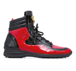 Mauri "8401" Red Black Alligator/ Ostrich/Patent Leather High-Top Sneakers - Dudes Boutique