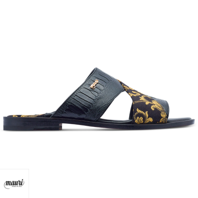 Mauri 5140 Black/Gold Cancus Ostrich Leg + Fabric Sandal - Dudes Boutique