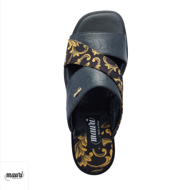 Mauri 5140 Black/Gold Cancus Ostrich Leg + Fabric Sandal - Dudes Boutique