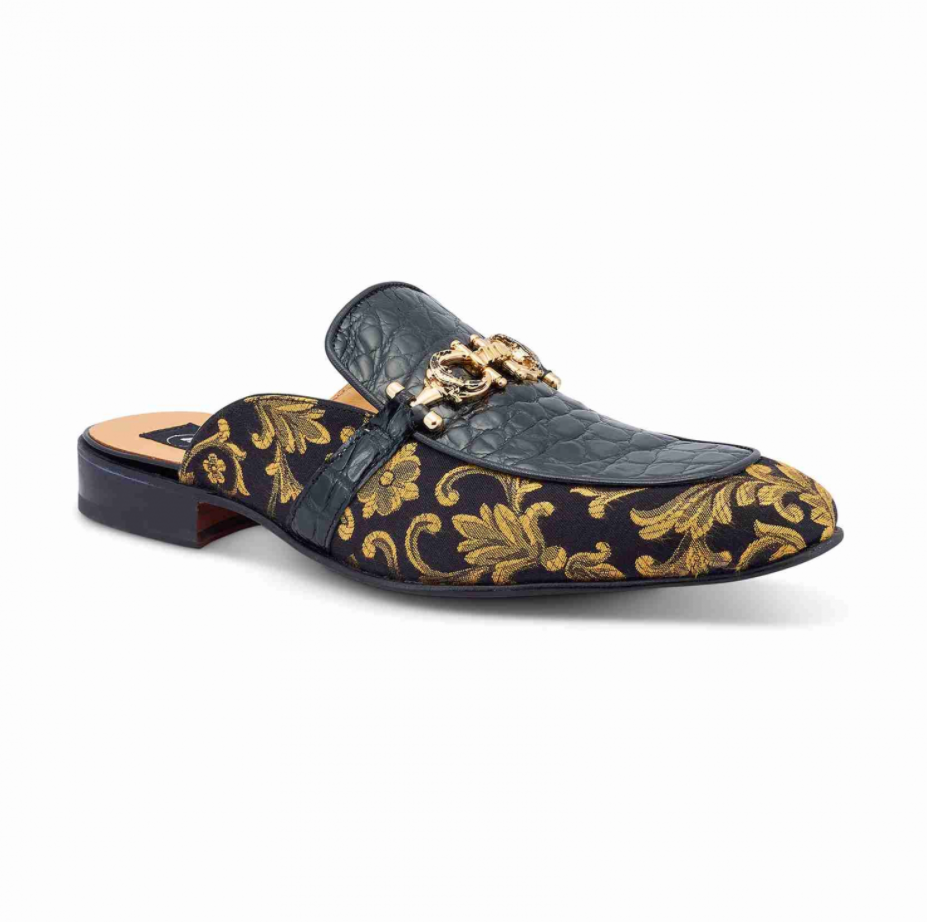 Mauri 4976 'Bermuda' Blak/Gold Alligator + Fabric Sandal - Dudes Boutique
