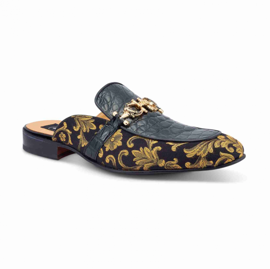 Mauri 4976 'Bermuda' Black/Gold Alligator + Fabric Sandal - Dudes Boutique