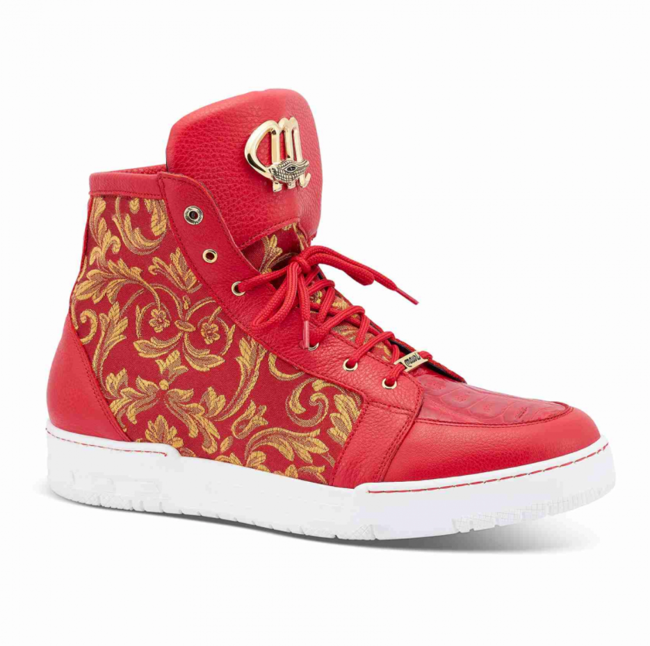 Mauri 8437 Red/Gold Baby Crocodile + Fabric High-Top Sneakers - Dudes Boutique