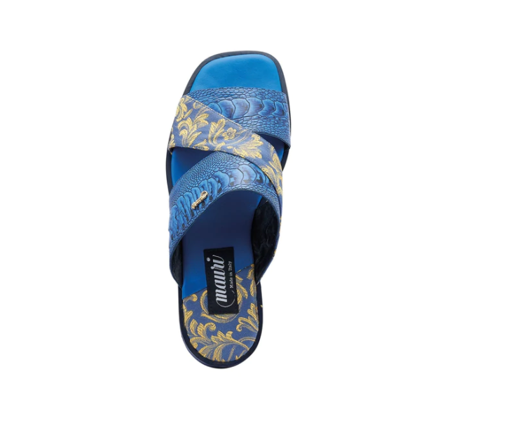 Mauri 5140 New Blue/Gold Cancus Ostrich Leg + Fabric Sandal - Dudes Boutique