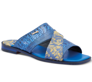 Mauri 5140 New Blue/Gold Cancus Ostrich Leg + Fabric Sandal - Dudes Boutique