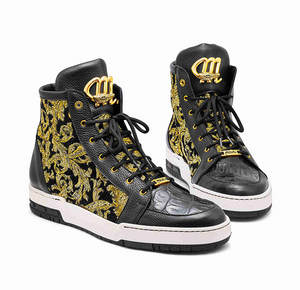 Mauri 8437 Black/Gold Baby Crocodile + Fabric High-Top Sneakers - Dudes Boutique