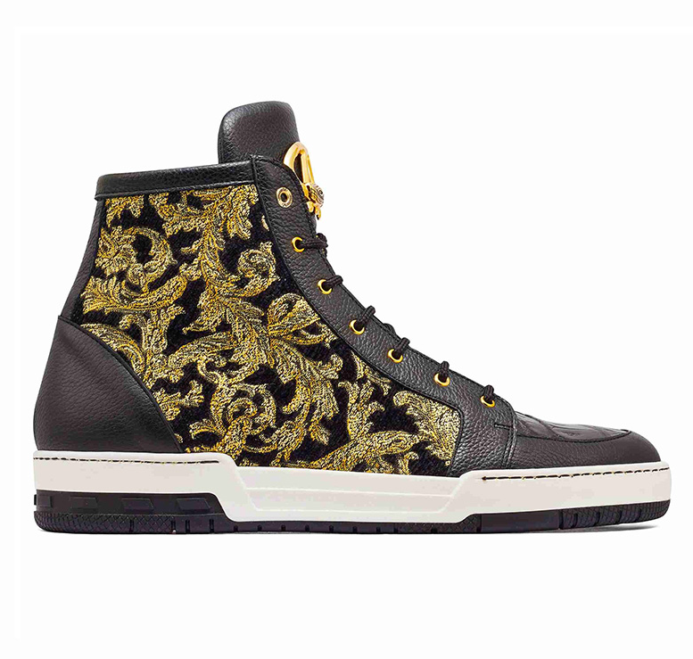 Mauri 8437 Black/Gold Baby Crocodile + Fabric High-Top Sneakers - Dudes Boutique