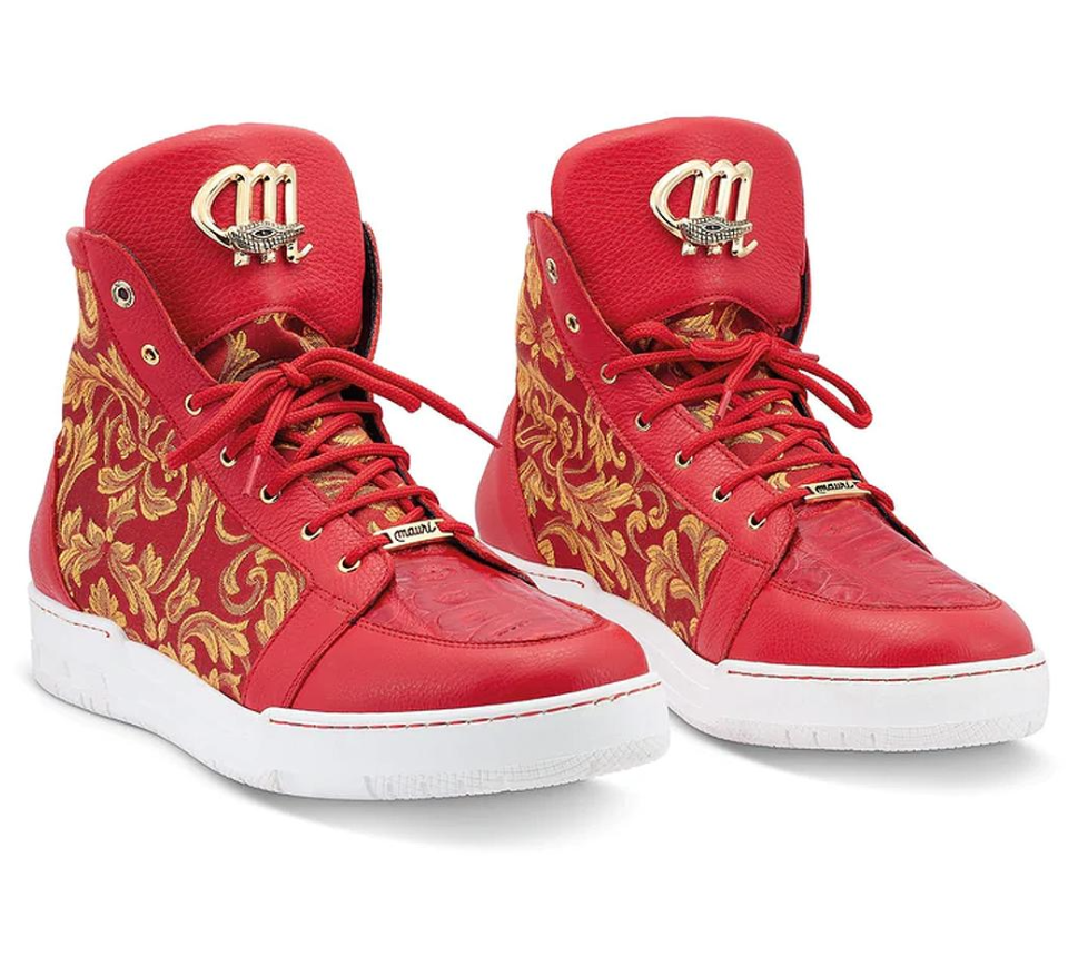Mauri 8437 Red/Gold Baby Crocodile + Fabric High-Top Sneakers - Dudes Boutique