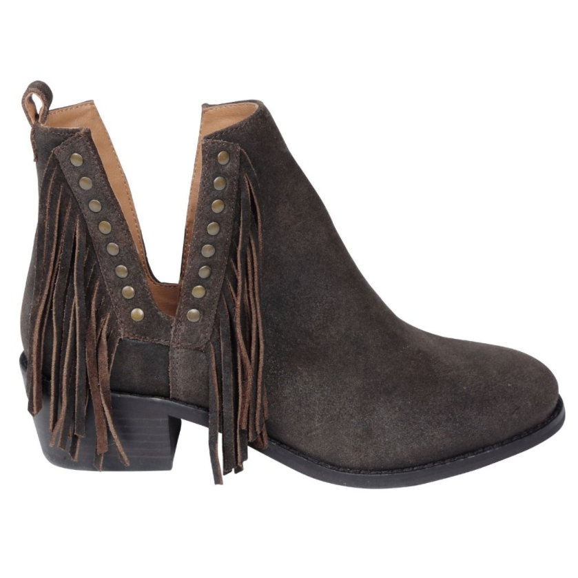 MYRA Women's Chocolate Brown Suede Fringe Cyno Booties - Dudes Boutique