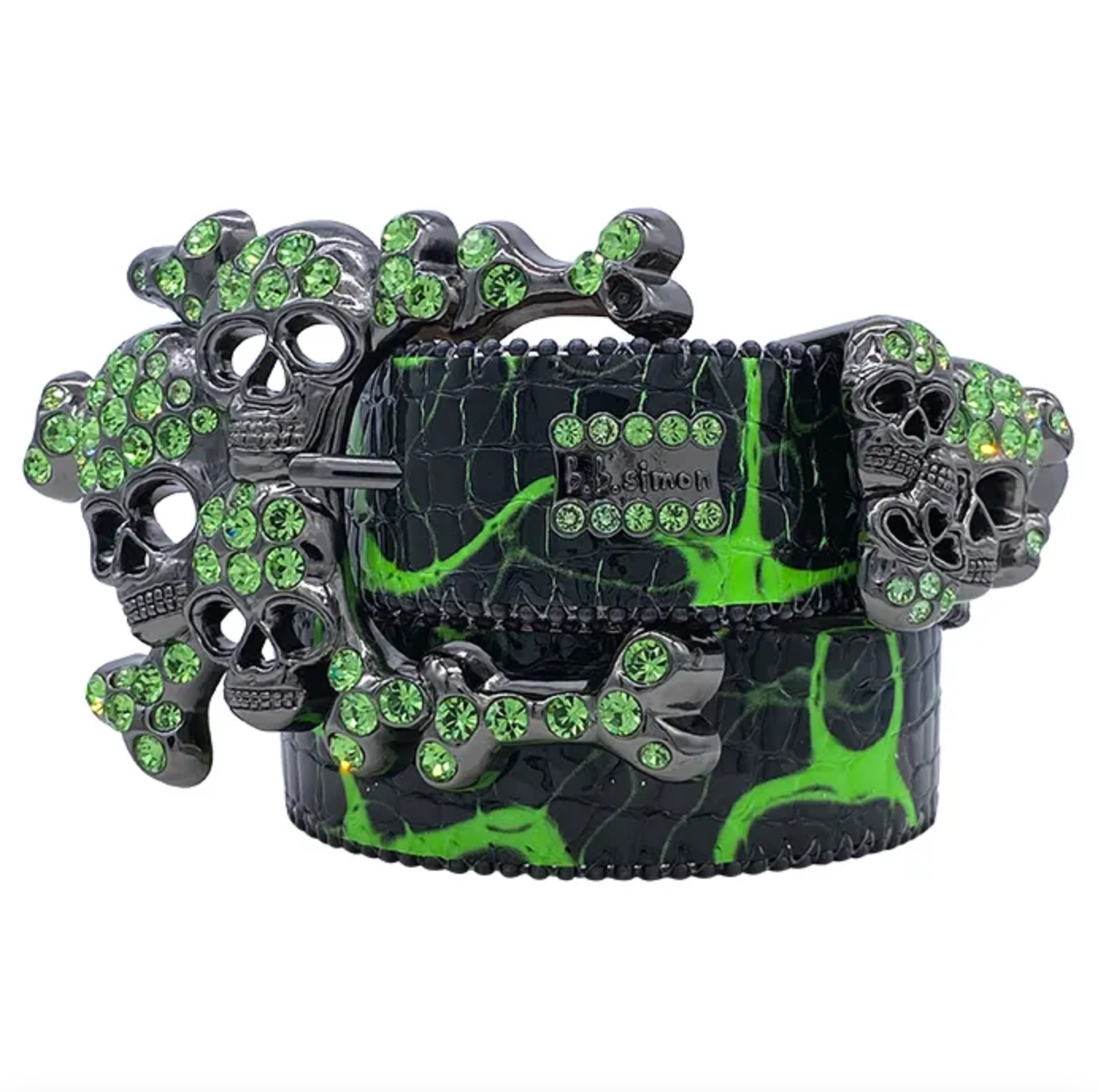 b.b. Simon Electric Slime Green Skull Pile Crystal Belt - Dudes Boutique