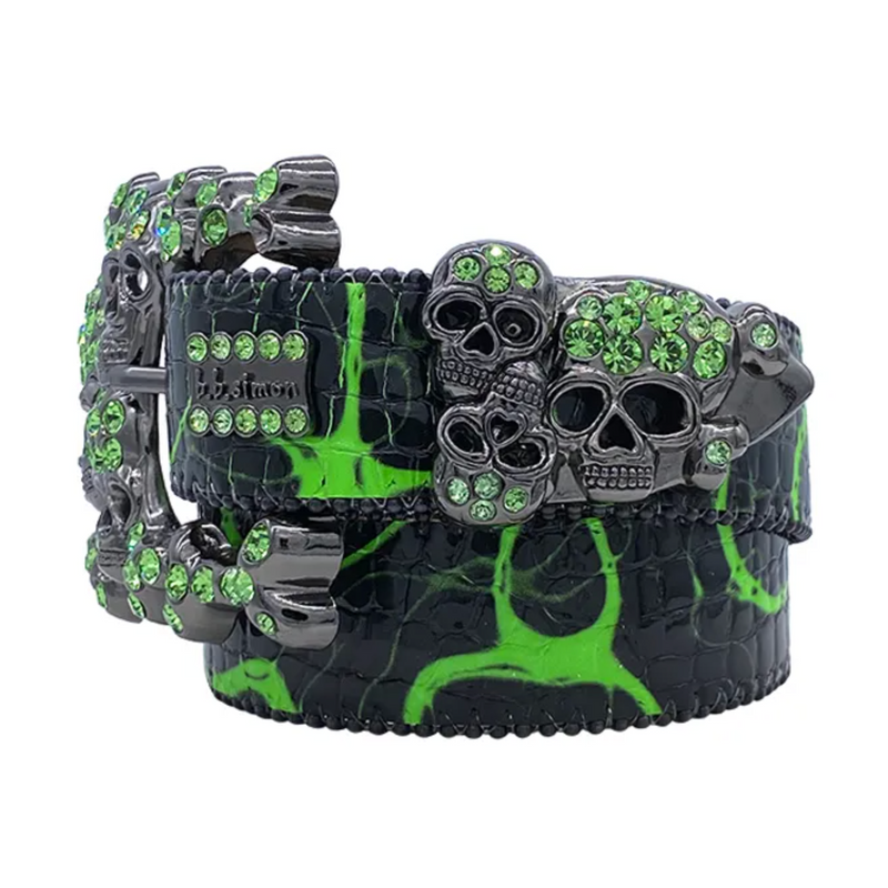b.b. Simon Electric Slime Green Skull Pile Crystal Belt - Dudes Boutique