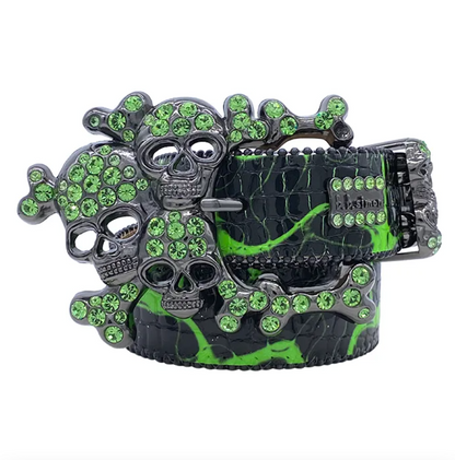 b.b. Simon Electric Slime Green Skull Pile Crystal Belt - Dudes Boutique