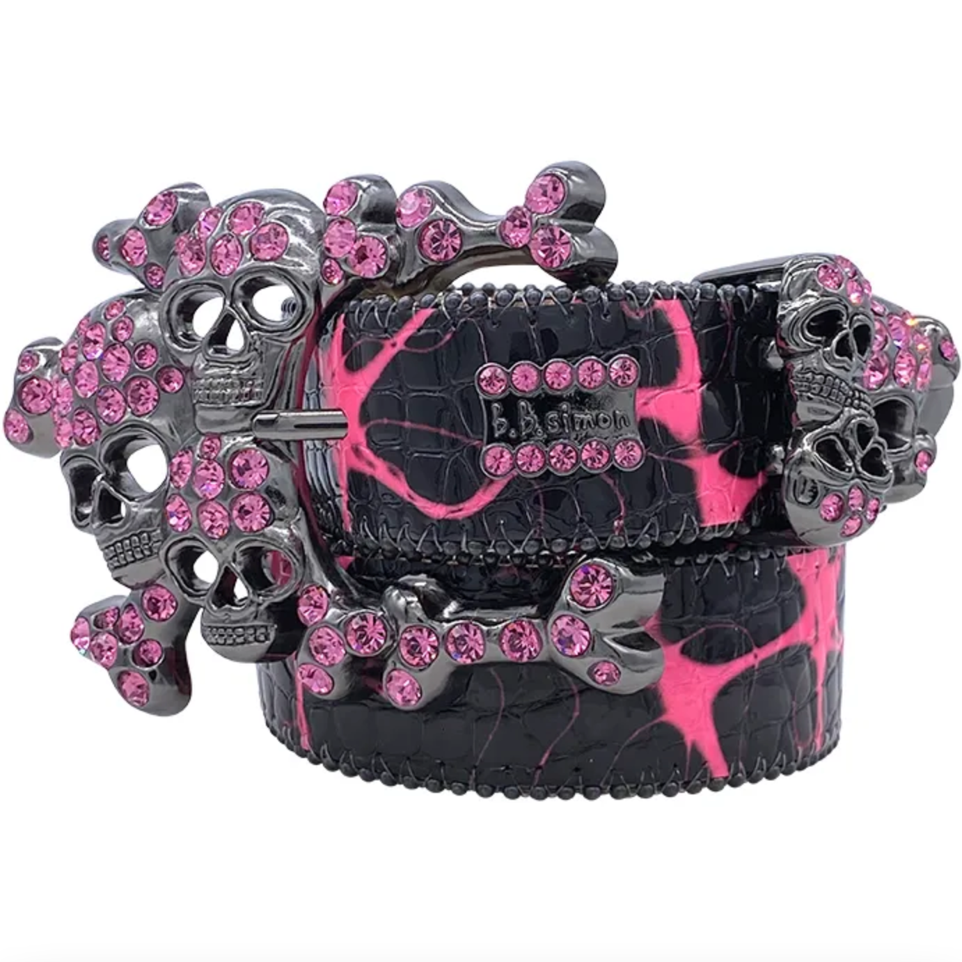 B.b. Simon Electric Pink Skull Pile Crystal Belt – Dudes Boutique