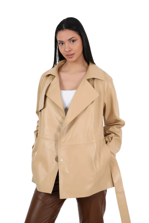 Barya NewYork Ladies Nude Soft Lambskin Double Breasted Belted Short Trench Coat - Dudes Boutique